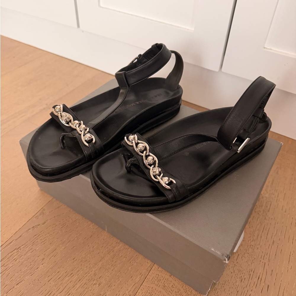 Alexander McQueen Black Sandals with Silver Chain Accent